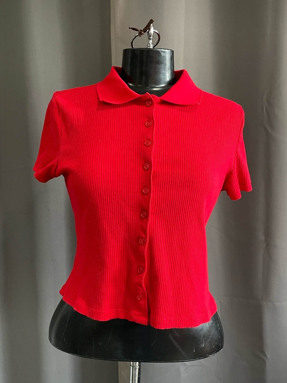 Red button up blouse